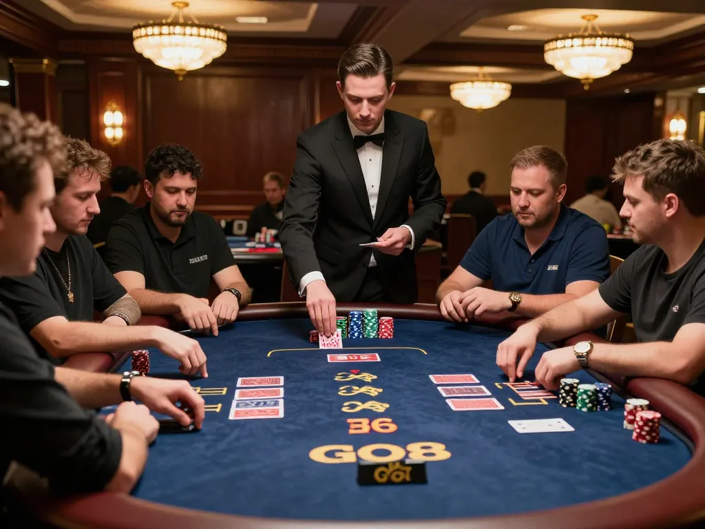 Players at a Go8 poker table strategizing in an upscale casino environment