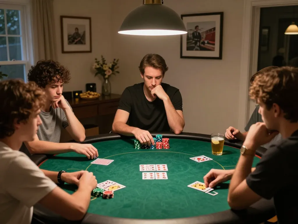 Players enjoying a strategic poker game at home featuring fabet branding, snacks, and drinks.
