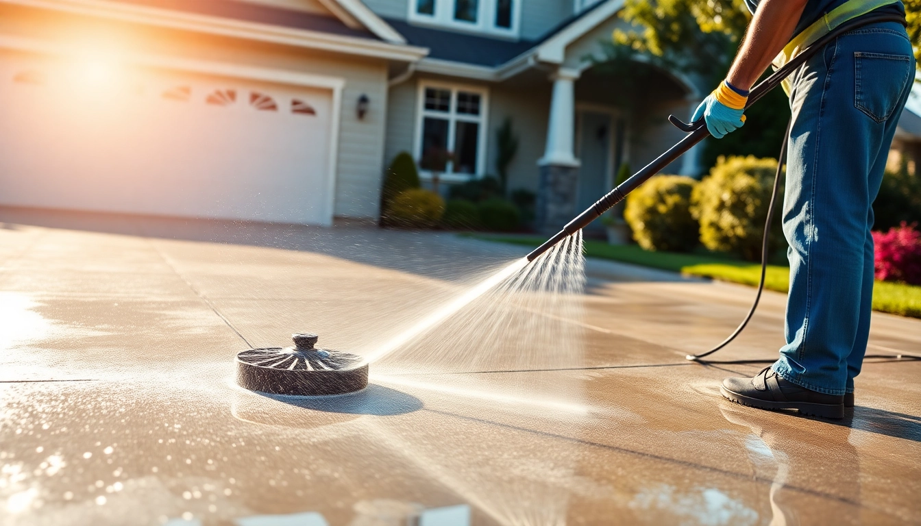 Driveway pressure wash service effectively cleaning a residential driveway