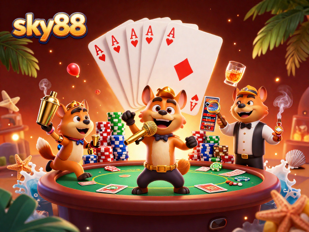 Experience the excitement of sky88 with hyena characters in a vibrant casino scene.