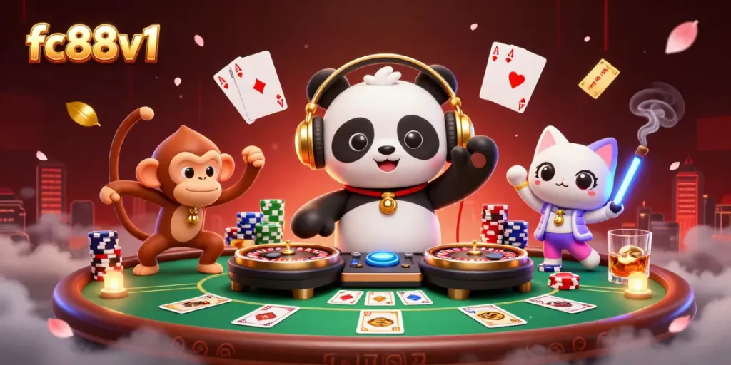 Experience the lively world of fc88v1 where a playful DJ panda spins at a casino party with friends!