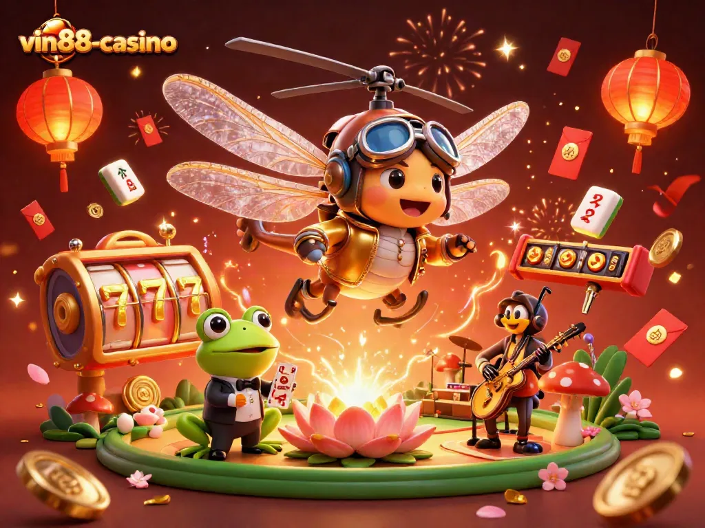 Engage in thrilling gameplay at vin88-casino with vibrant characters in a lively casino scene.
