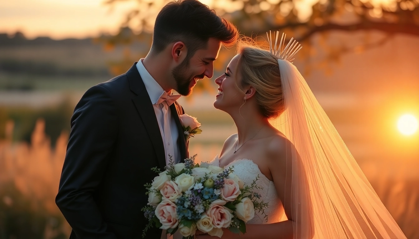 Romantische Hochzeitslocation im Freien mit festlicher Dekoration und Blumenarrangements bei Sonnenuntergang.