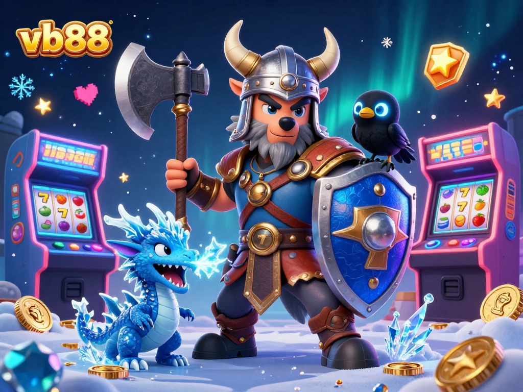 Engage with vb88's dynamic casino scene featuring a Viking wolf warrior, dragon, and raven amidst colorful gaming elements.