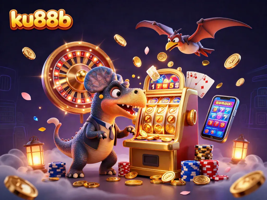 ku88b showcases a thrilling scene of a dinosaur headbutting a slot machine amidst cascading coins and vibrant casino elements.