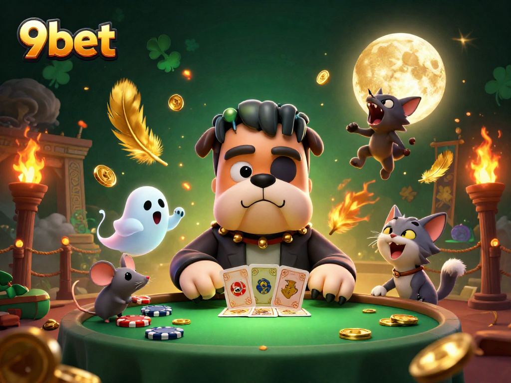 Experience 9bet's thrilling cards dealt with a spooky twist in this lively casino scene.
