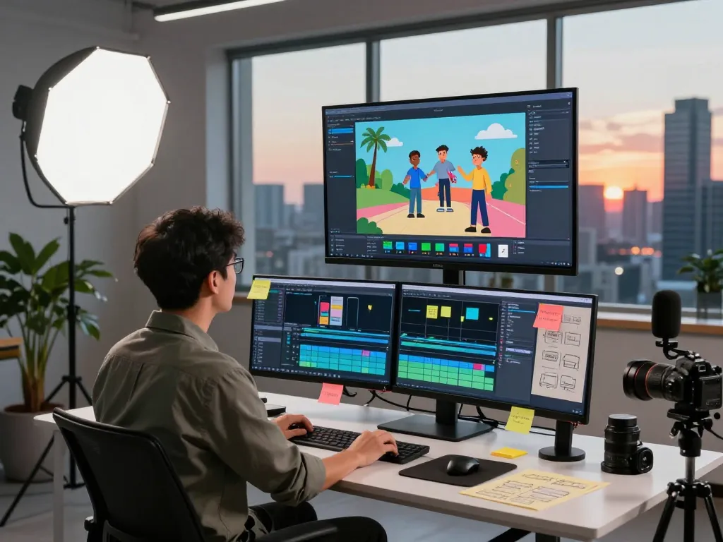 Creative professional utilizing motion control AI software in a vibrant video production studio, highlighting innovative technology.