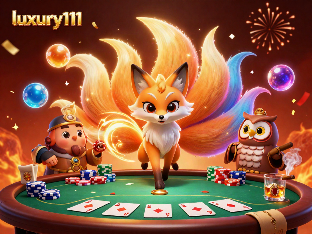 Experience the magic of luxury111 with a vibrant casino scene featuring a nine-tailed fox and poker elements.