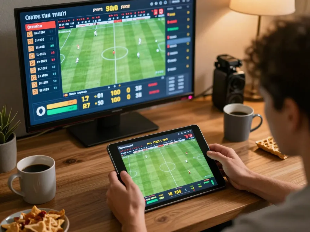 Engaged user placing bets on nowgoal trang soi kèo while enjoying a live football match at home.