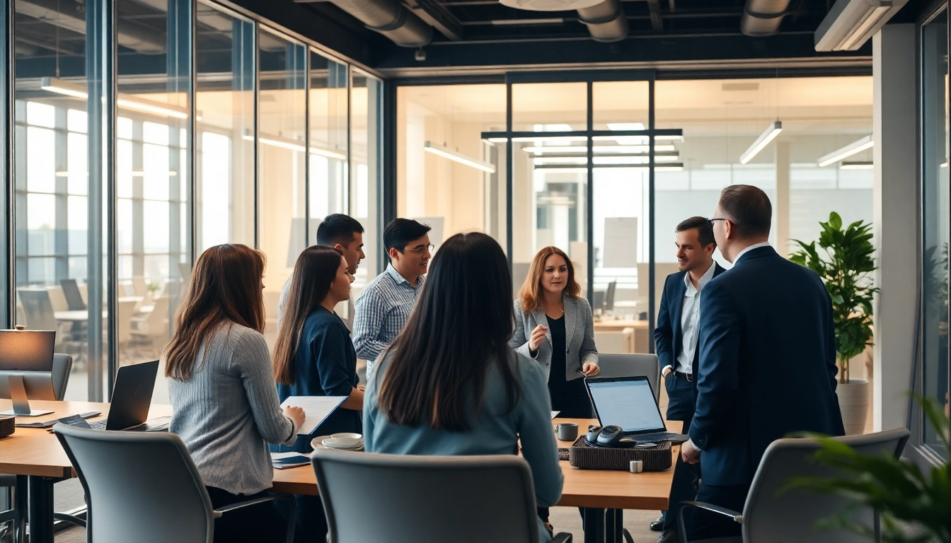 Team collaborating in a contemporary workspace on Unternehmensberatung Hannover solutions, highlighting innovation and teamwork.