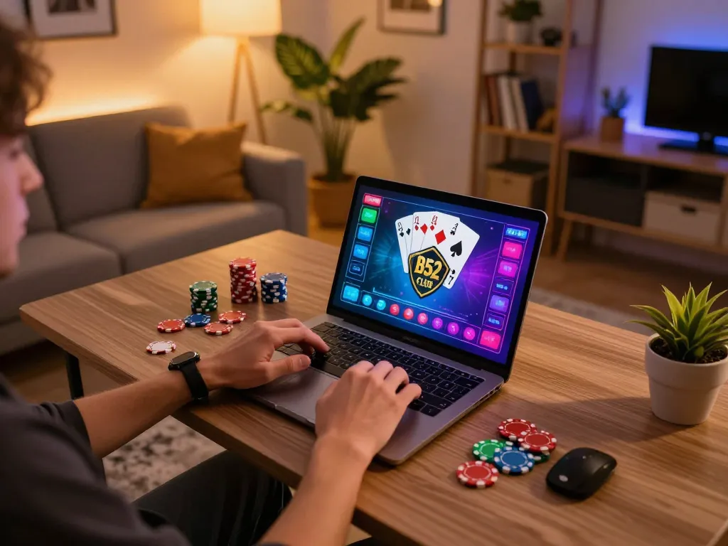 Người chơi B52 club đang tích cực tham gia trò chơi poker trực tuyến trên máy tính xách tay trong một không gian ấm cúng tại nhà