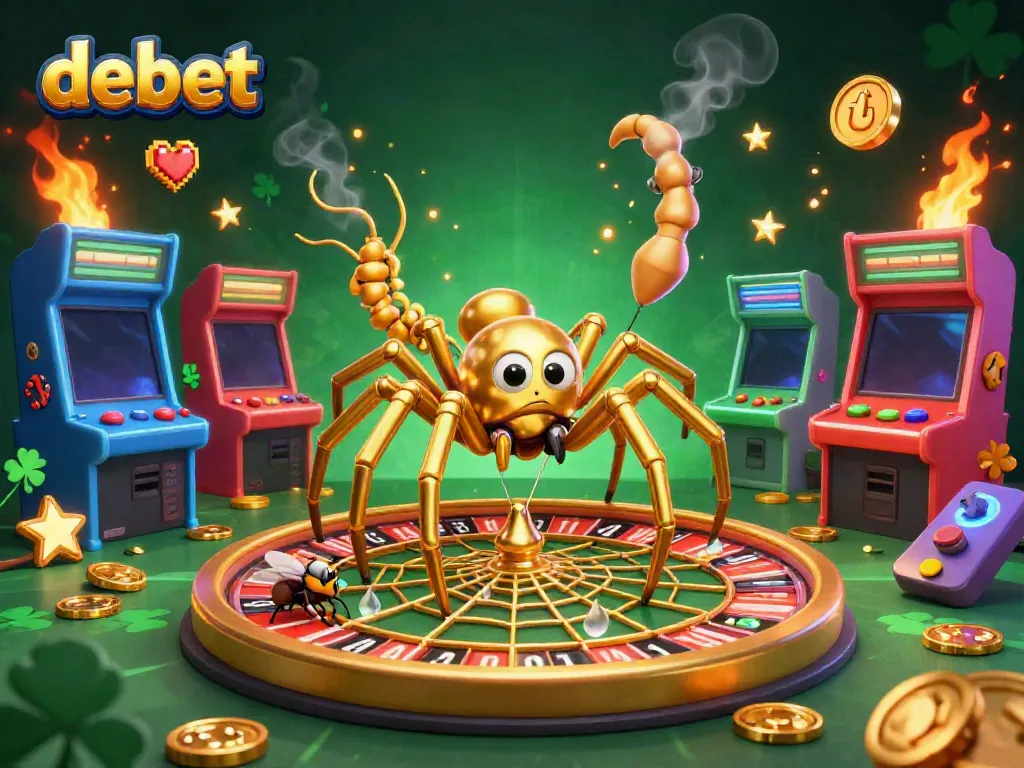 Experience the thrilling world of debet as a golden spider spins a roulette wheel in vibrant 3D.