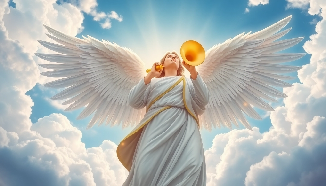 Der Erzengel Gabriel trumpets eine Botschaft von Hoffnung in der Himmelsumgebung.
