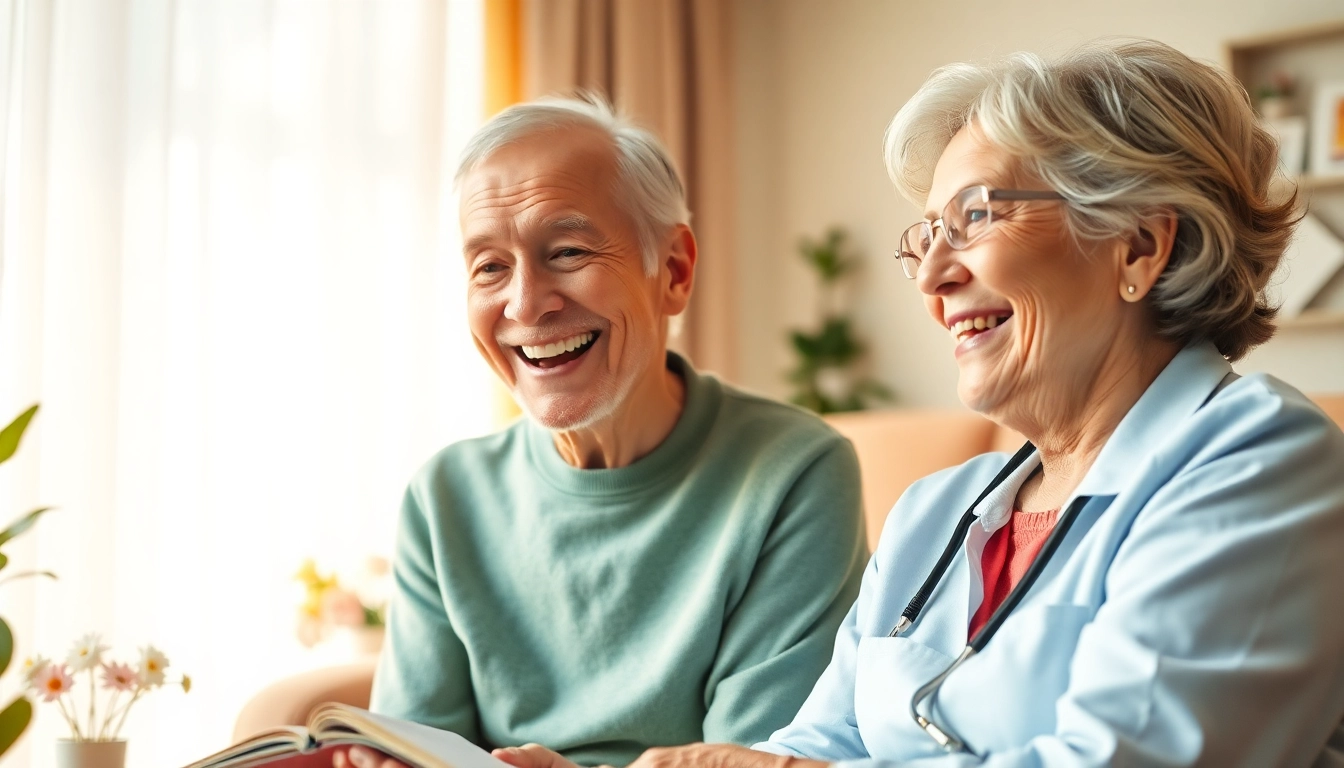 Engaging scene illustrating marketing für pflegedienste with caregiver and elderly person exchanging smiles in a warm home.