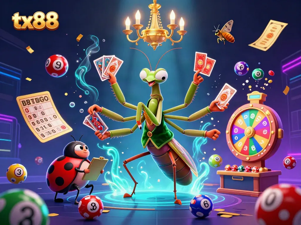 Experience the thrill of tx88 casino as a giant mantis deals cards and a ladybug oversees gaming action.
