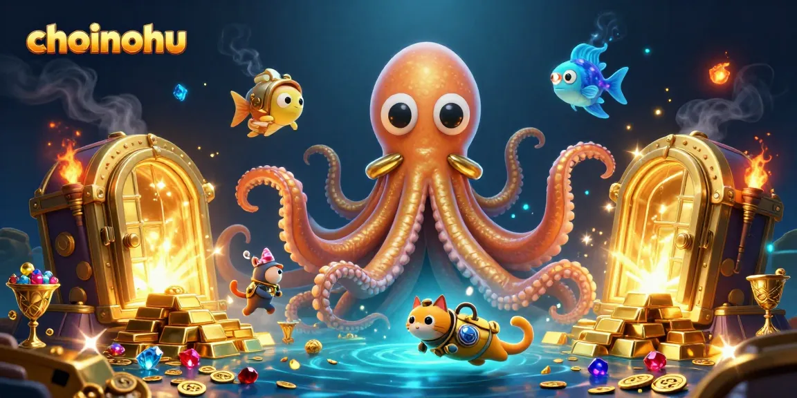 Spin the reels with choinohu, vibrant 3D illustration featuring a kraken and treasure elements.