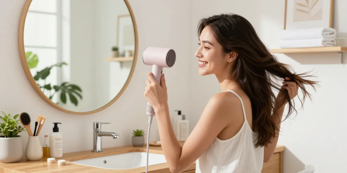 Young woman using a small hair dryer in a bright, modern bathroom for her daily hair styling routine.