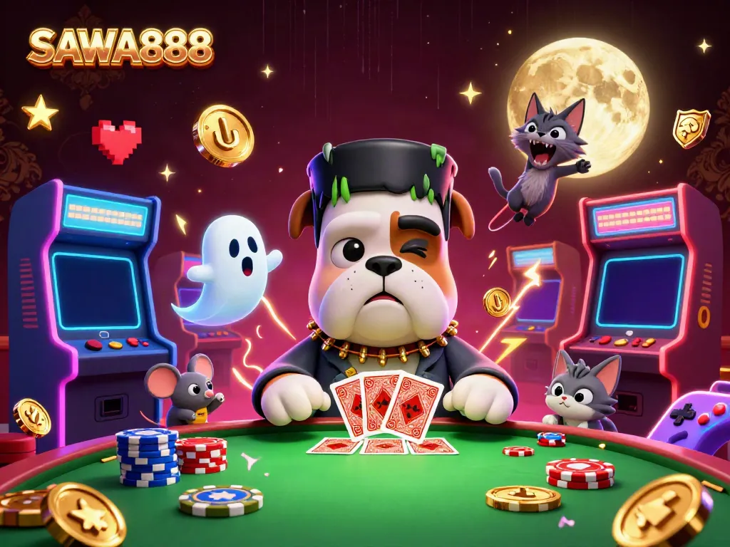 Engage in thrilling gameplay at SAWA888 with a lively scene featuring a cartoon Frankenstein bulldog dealing cards.
