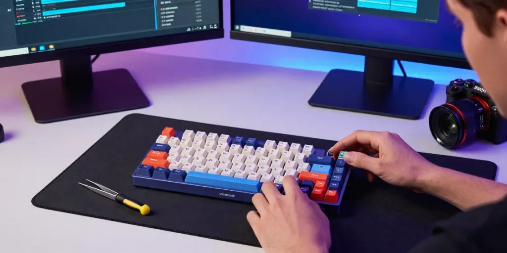 Assembling an H60 case for Wooting with colorful keycaps and switches in a modern tech workspace.
