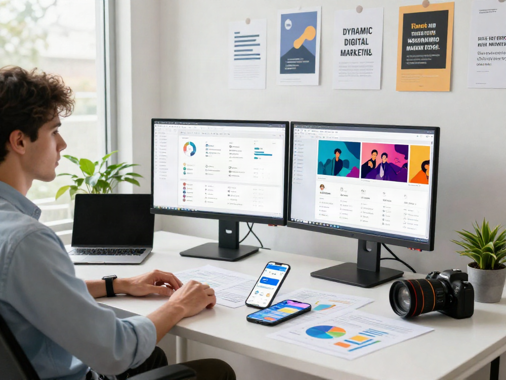 Marketer analyzing rokok88 link metrics in a vibrant office environment.