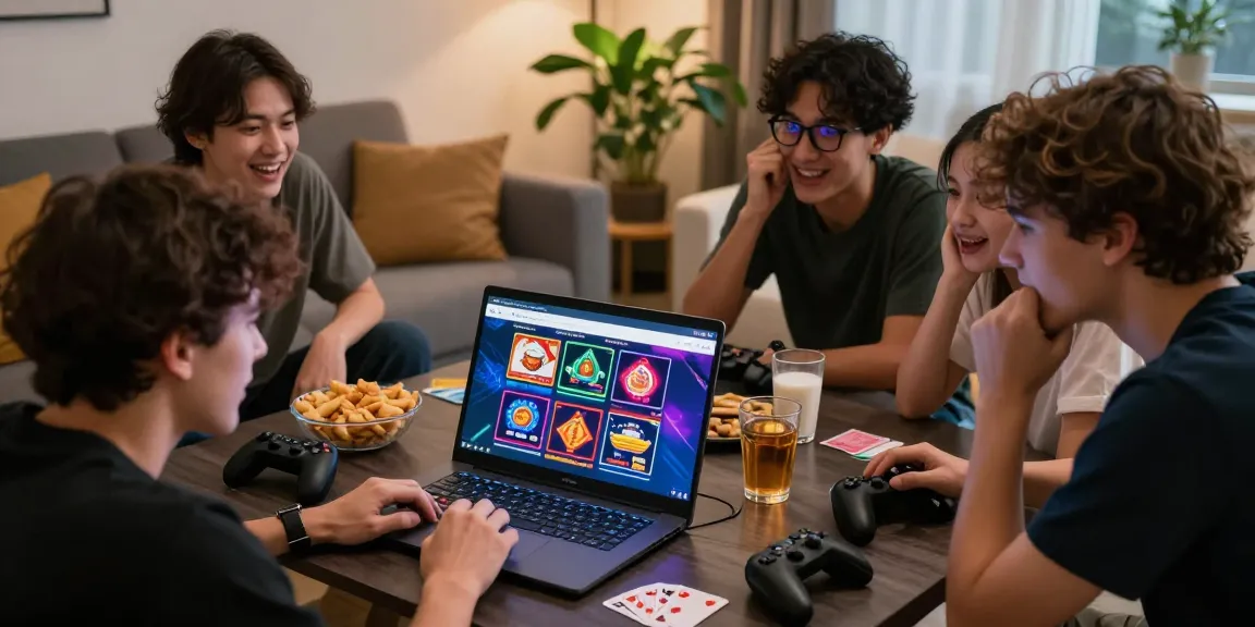 Group of friends excitedly exploring rokok88 link on a laptop in a cozy living room.