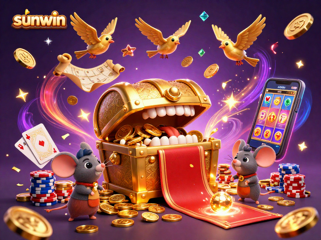 Experience exciting gameplay at Sunwin with treasure chests, coins, and casino elements.