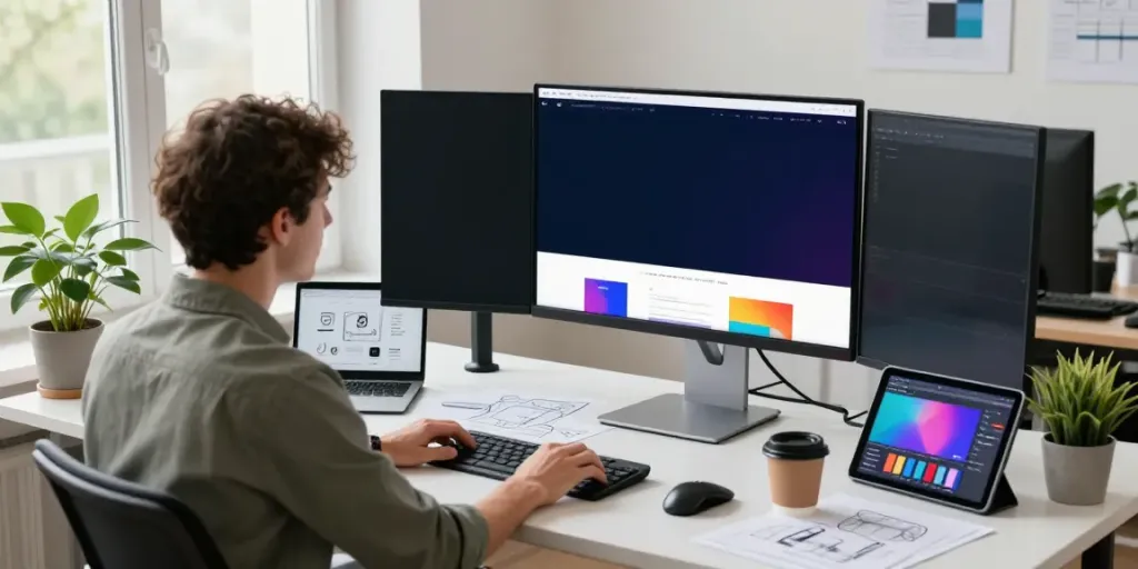 Webdesign Saarland: Moderne Kreativwerkstatt mit Designer, der an einem Schreibtisch an einer Website arbeitet.