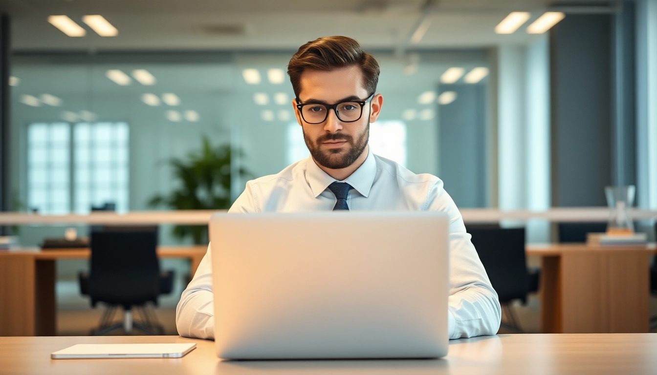 Headhunter führt konzentrierte Gespräche in einem modernen Büro mit einem Laptop und geschäftlichem Ambiente.