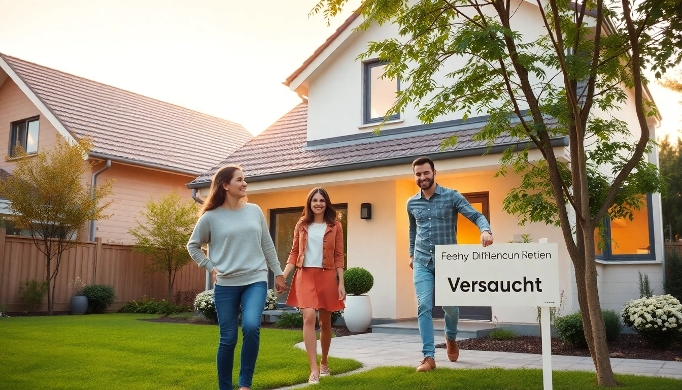 Eine glückliche Familie feiert den Hauskauf vor ihrem neuen Zuhause mit einem schönen Garten und einem "Verkauft"-Schild.
