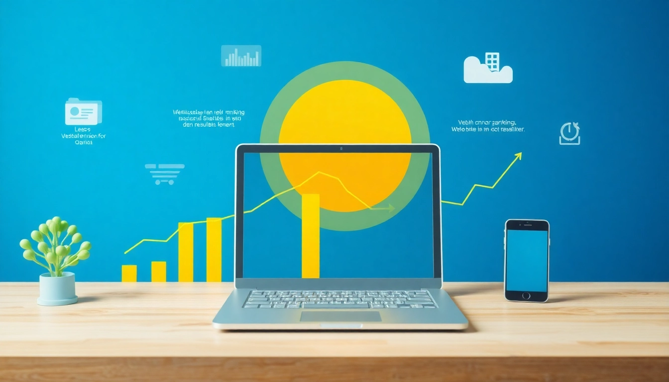 Visualisieren Sie den Web-Rang mit Diagrammen und Icons, die den Aufstieg von Webseiten darstellen.