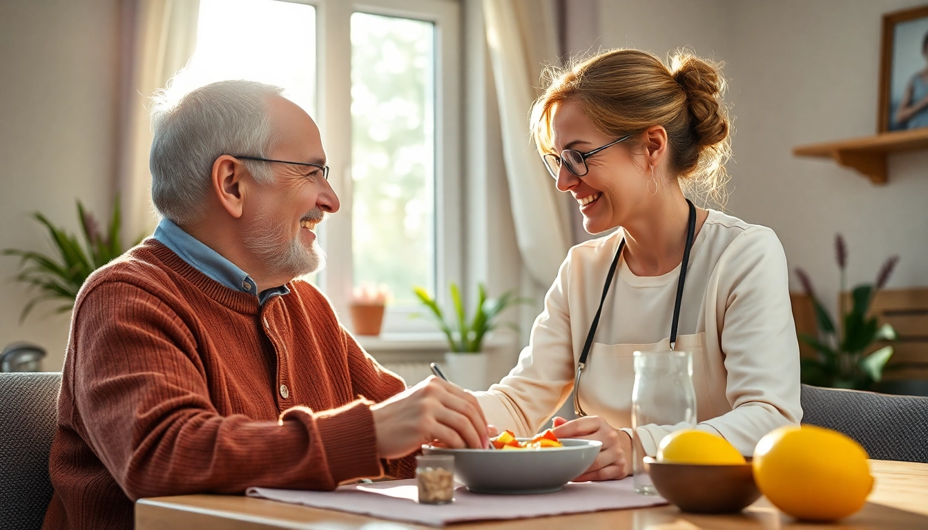 Pflegedienst bei der Unterstützung eines älteren Menschen beim Essen, umgeben von einer warmen und einladenden Atmosphäre.