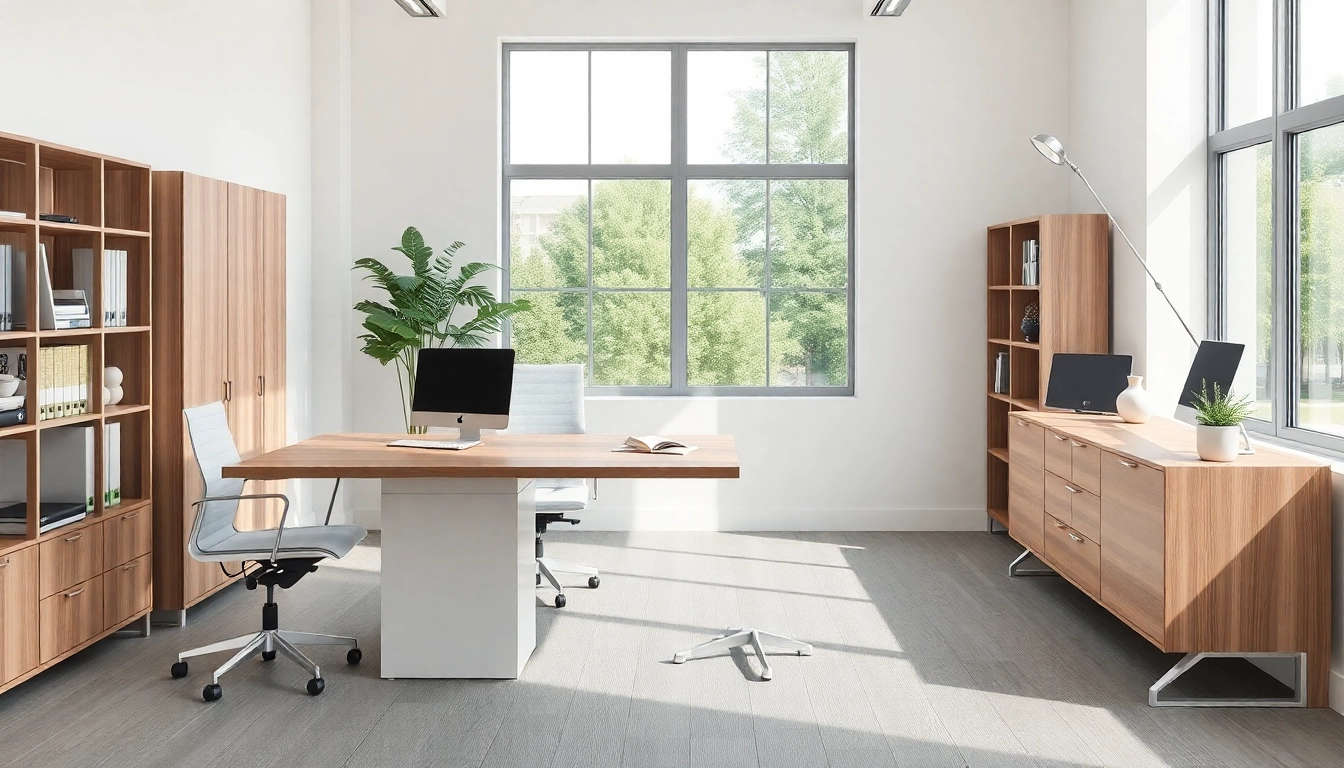 Moderne Büromöbel mit ergonomischen Schreibtischen und Stühlen in einem hellen, einladenden Büro.