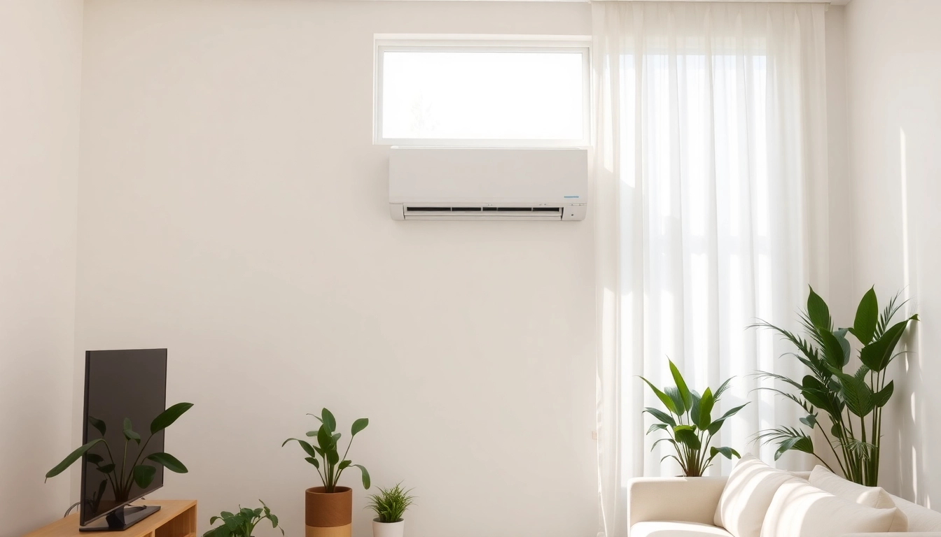 Klimaanlagen installieren lassen: Modern living room featuring an elegant split air conditioning unit on the wall.