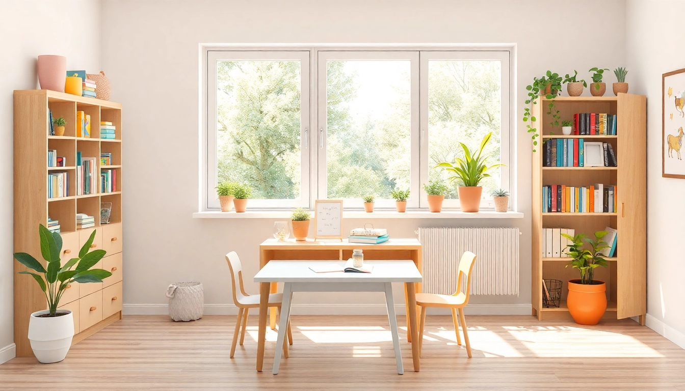 Gestalten Sie eine freundliche Lernumgebung für Heimunterricht mit buntem Schreibtisch und vielen Büchern.