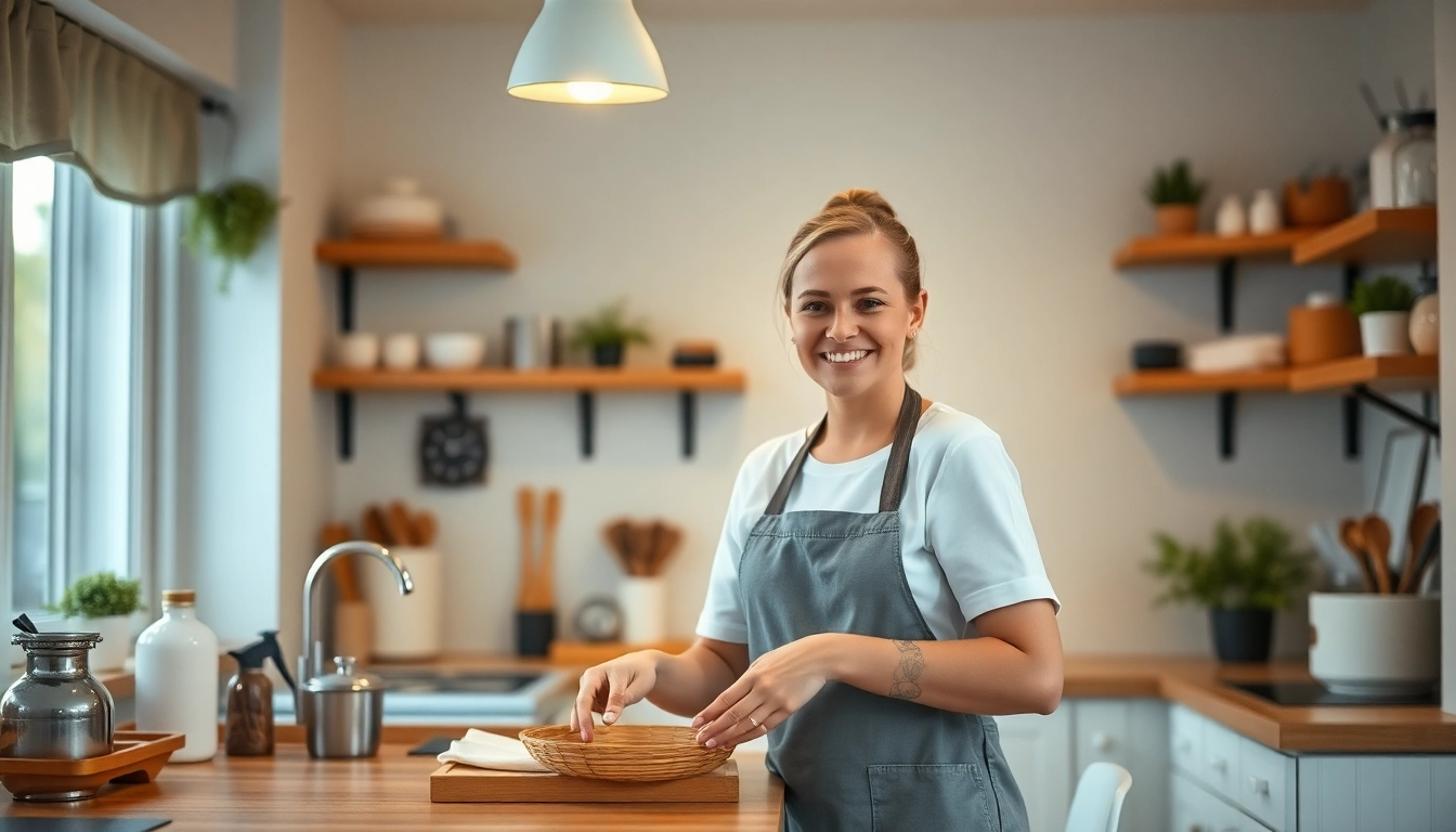 Housekeeper showcasing hauswirtschaft stelle hameln through organization and cleanliness in a welcoming kitchen.