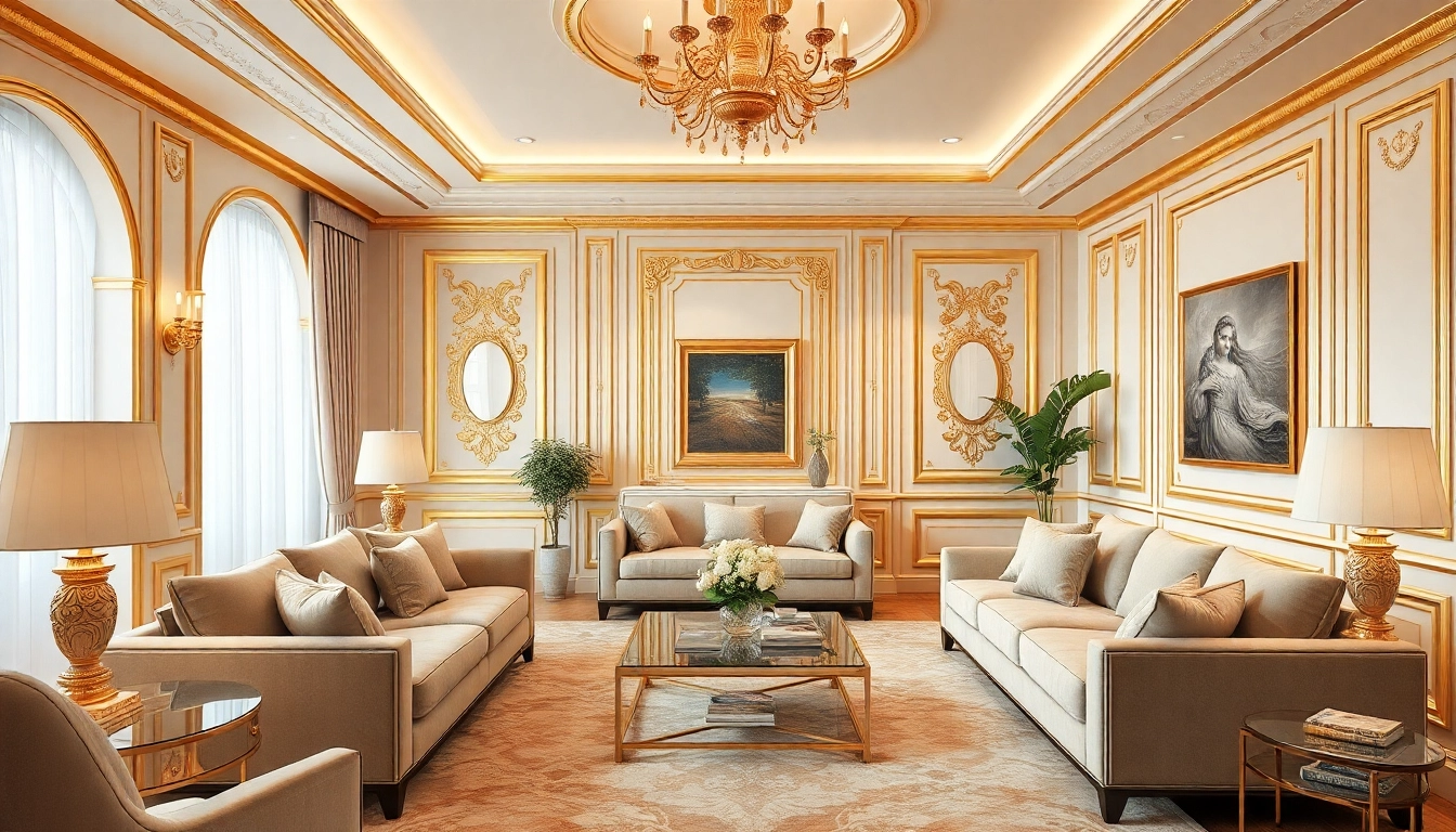 Enhance your luxury lifestyle with an elegant living room featuring plush furnishings and golden details.