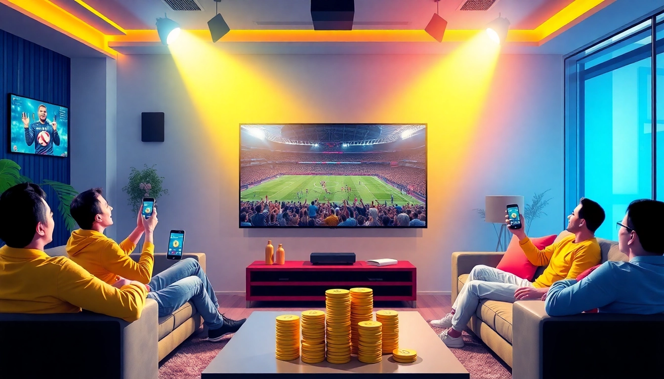 Experience the excitement of crypto sports betting with friends in a lively modern setting, showcasing digital betting platforms.