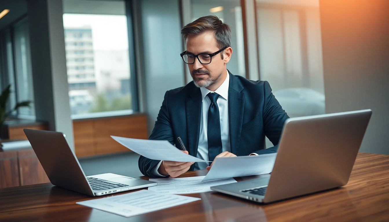 Professioneller Headhunter Pflegekräfte analysiert Bewerbungen in modernem Büro mit Laptop und Unterlagen.