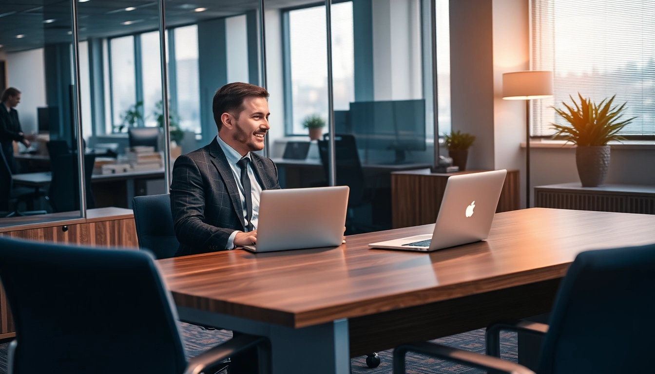 Headhunter Leverkusen in einer professionellen Büroumgebung, während er mit einem Klienten spricht.