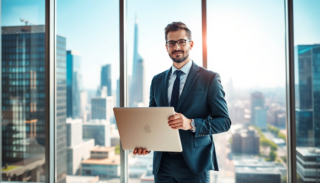 Headhunter Sales in einem modernen Büro, professionell gekleidet und mit Laptop, strahlt Erfolg und Kompetenz aus.