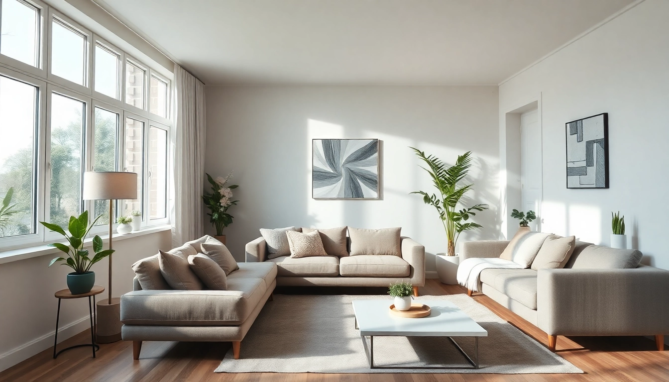 Die Raumgestaltung eines modernen Wohnzimmers mit natürlichem Licht und eleganten Möbeln.