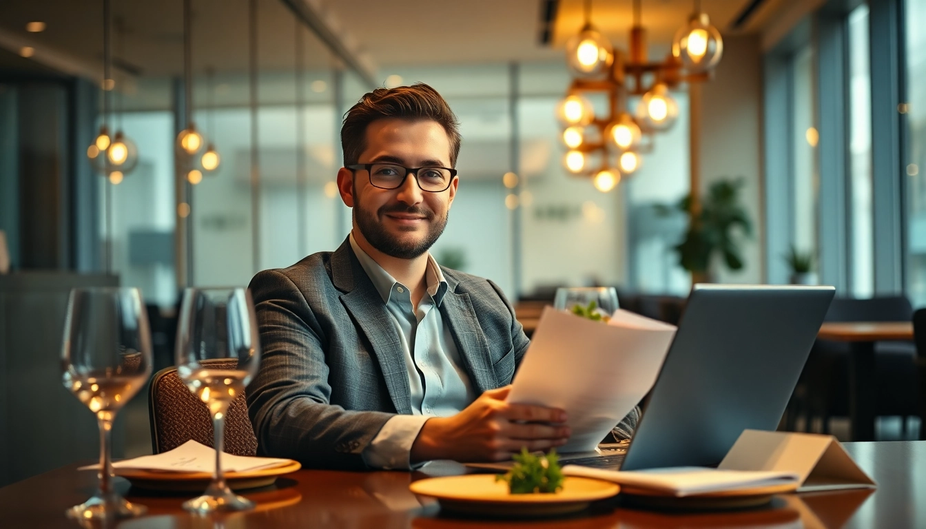 Headhunter Gastronomie: Professioneller Headhunter im Büro mit gastronomischen Elementen wie Speisekarten und Weingläsern.