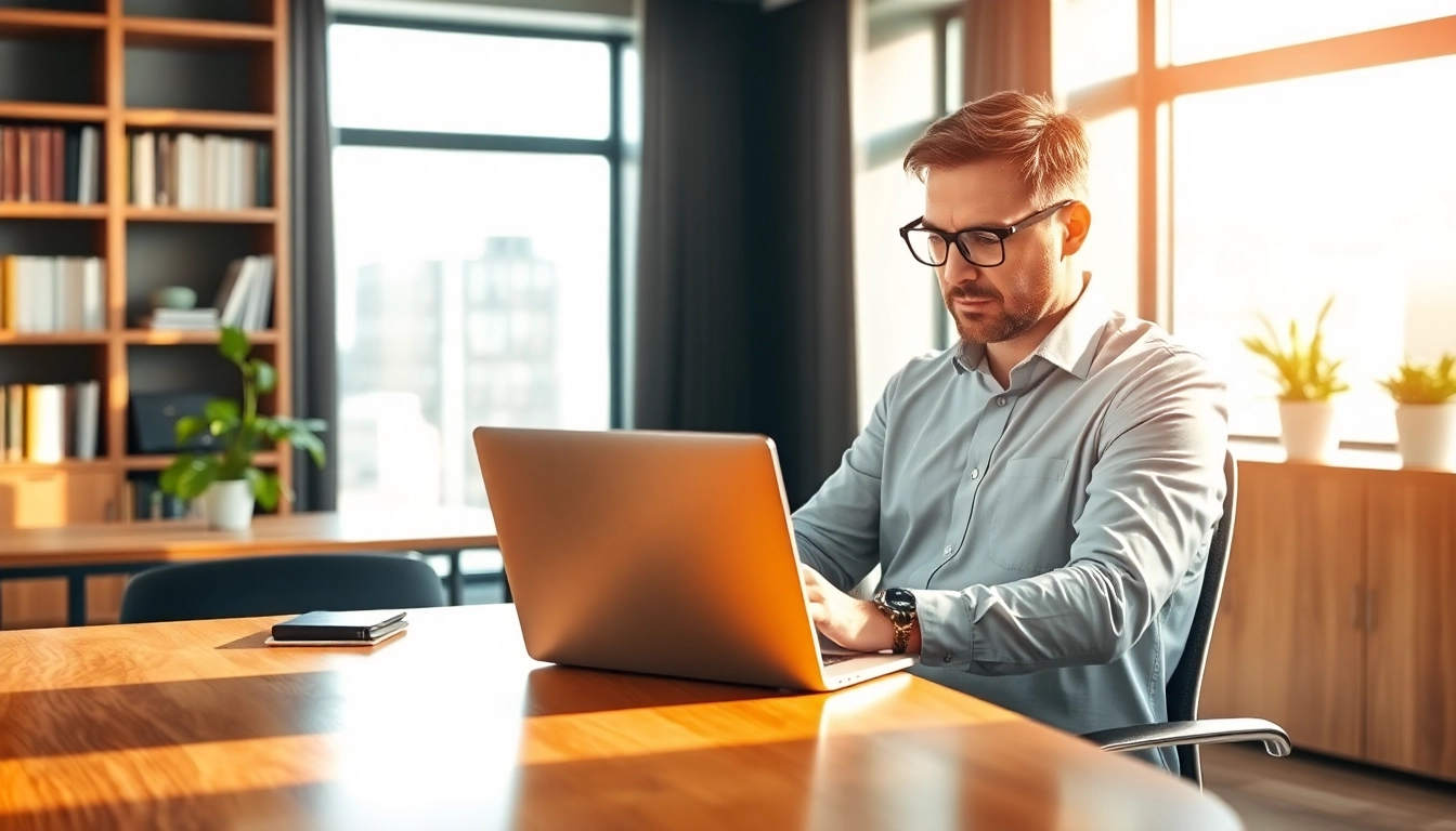 Headhunter in einem modernen Büro, der auf einen Laptop schaut.