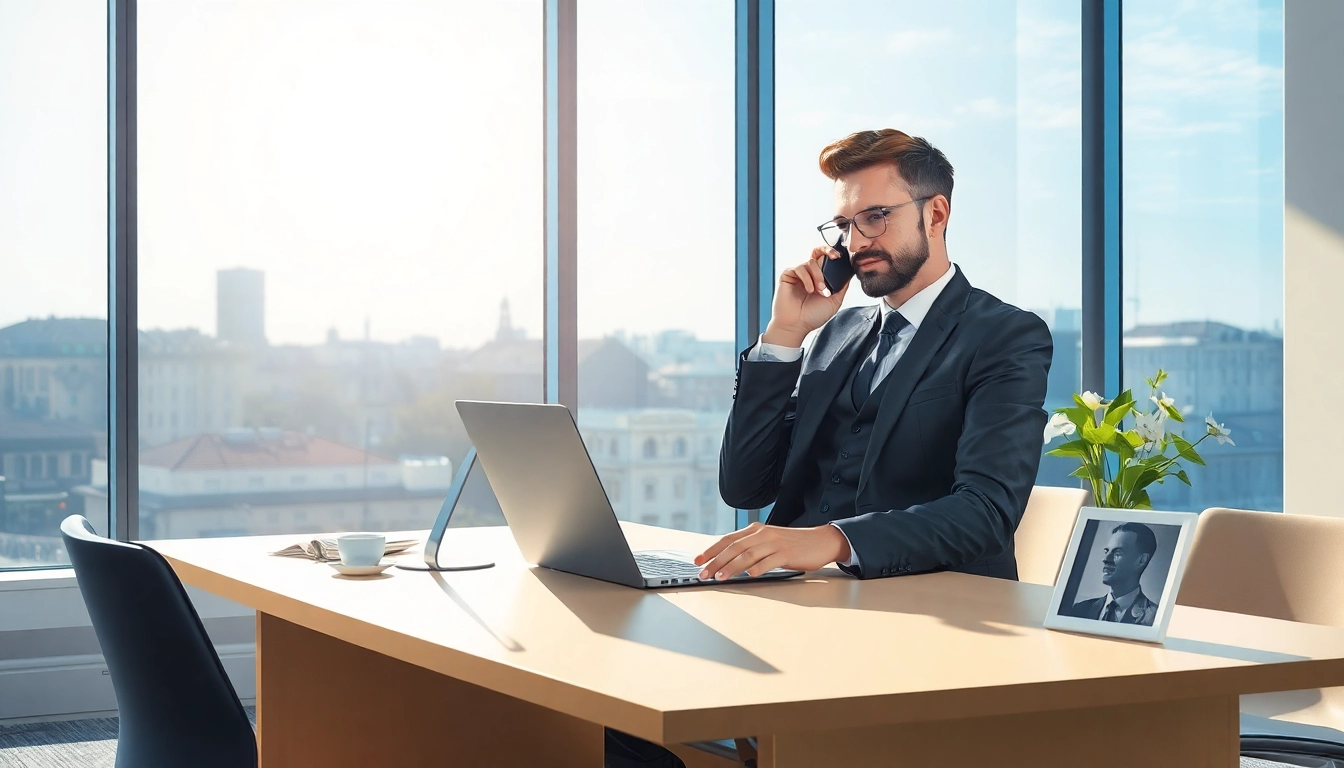 Headhunter Rostock beim Arbeiten in einem modernen Büro mit Blick auf die Stadt.