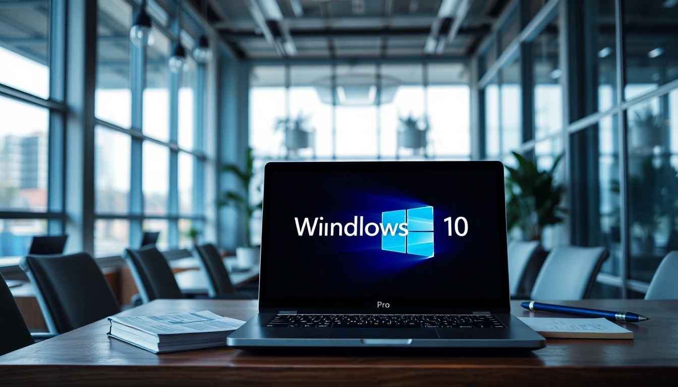 Nutze Windows 10 Pro auf einem modernen Laptop in einem eleganten Büroambiente.