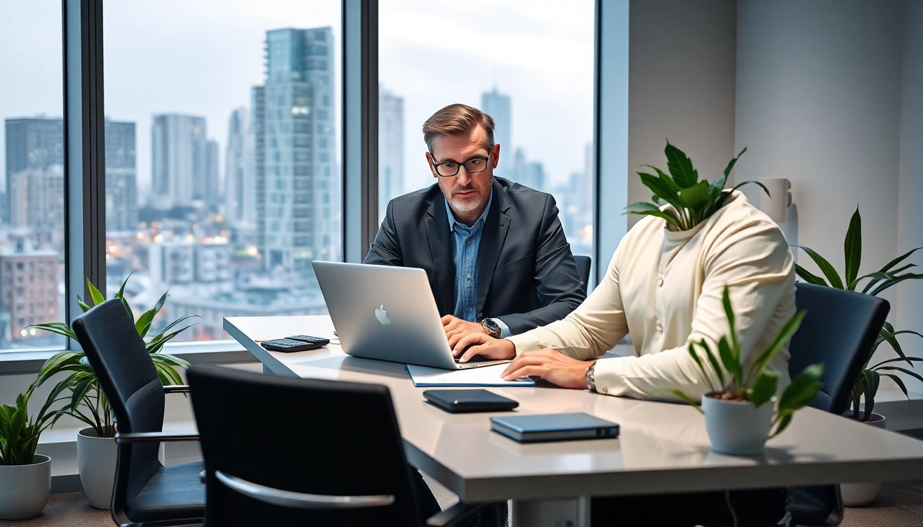 Headhunter IT überprüft Bewerbungsunterlagen in modernem Büro mit Stadtansicht.