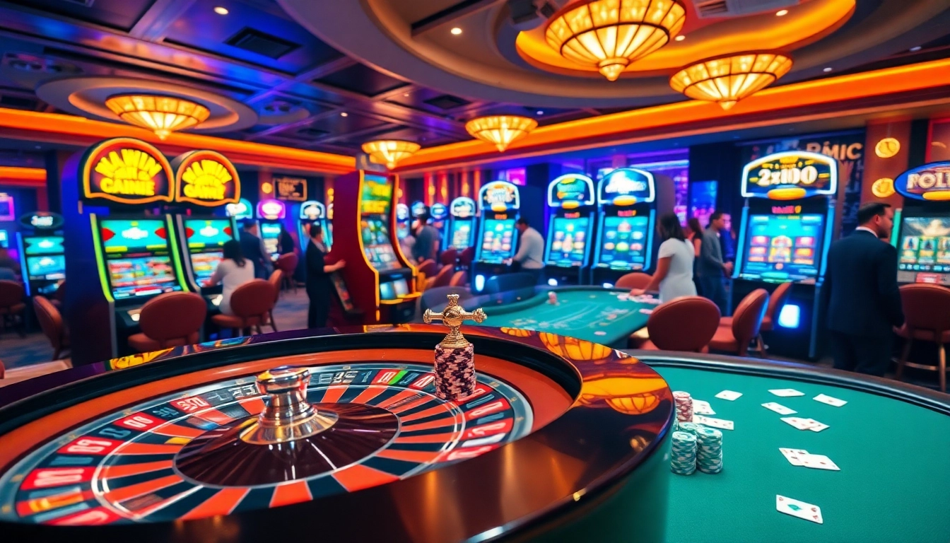 Players enjoying games at the luxurious 32WIN casino, with roulette and poker tables featured prominently.