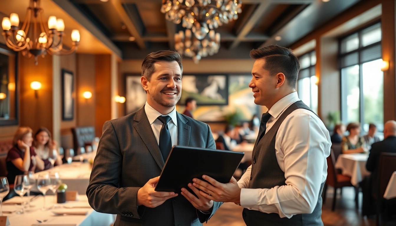 Headhunter Gastronomie im Gespräch mit einem Fachmann in einem eleganten Restaurant.