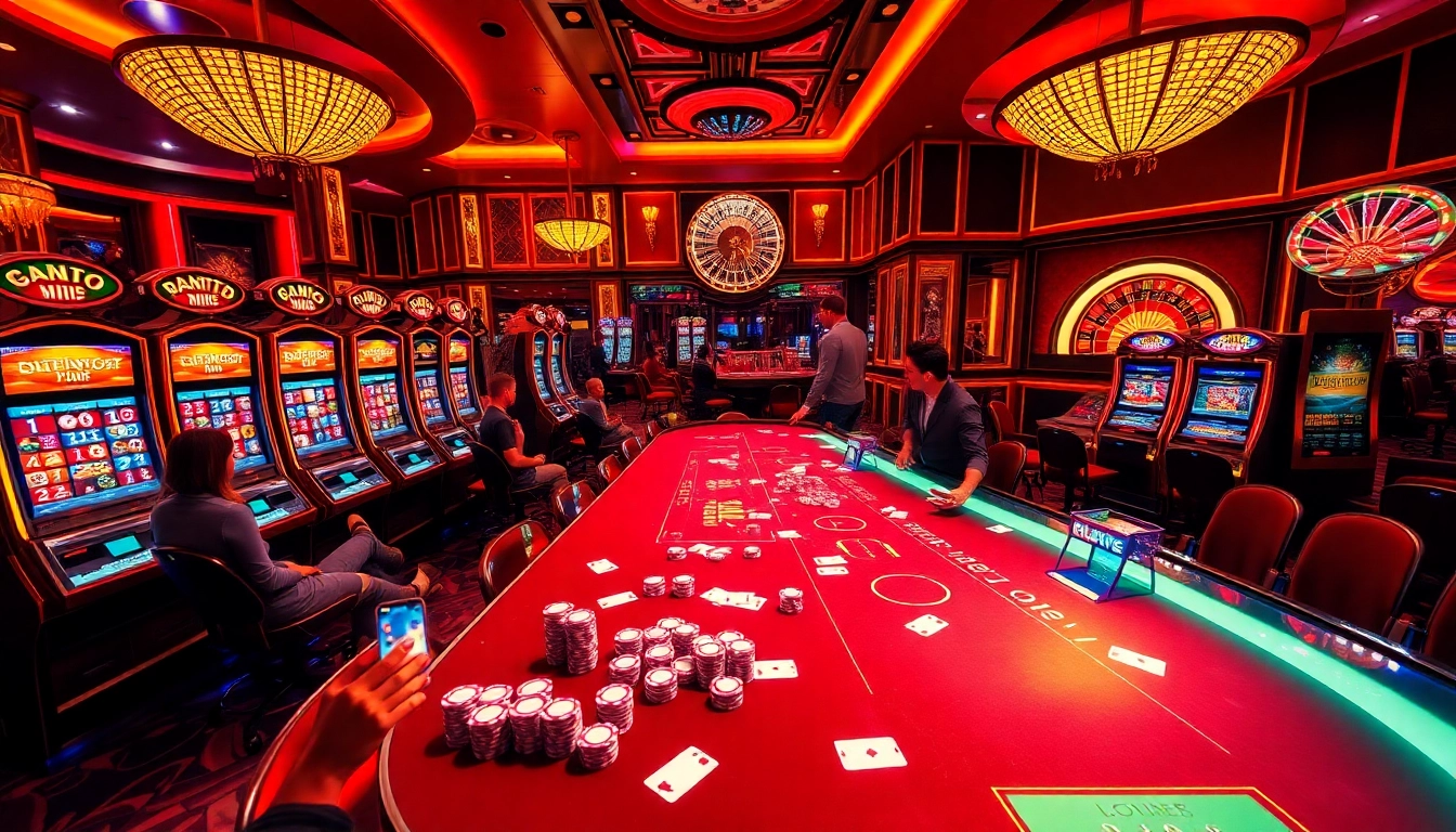 B52 Club casino scene showcasing colorful poker chips and vibrant slot machines.