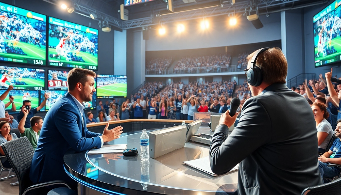 Engaging sports broadcasting host presenting live updates in a high-tech studio.